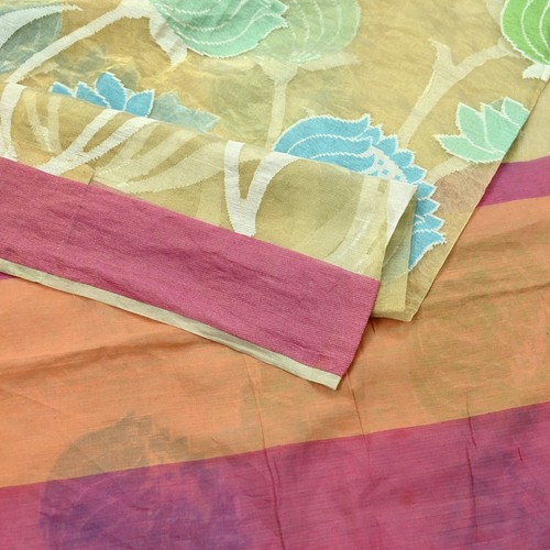 Vintage Sarees Beige Pure Organza Silk Hand Woven Sari 5yd Ethnic Floral Fabric - Picture 16 of 23