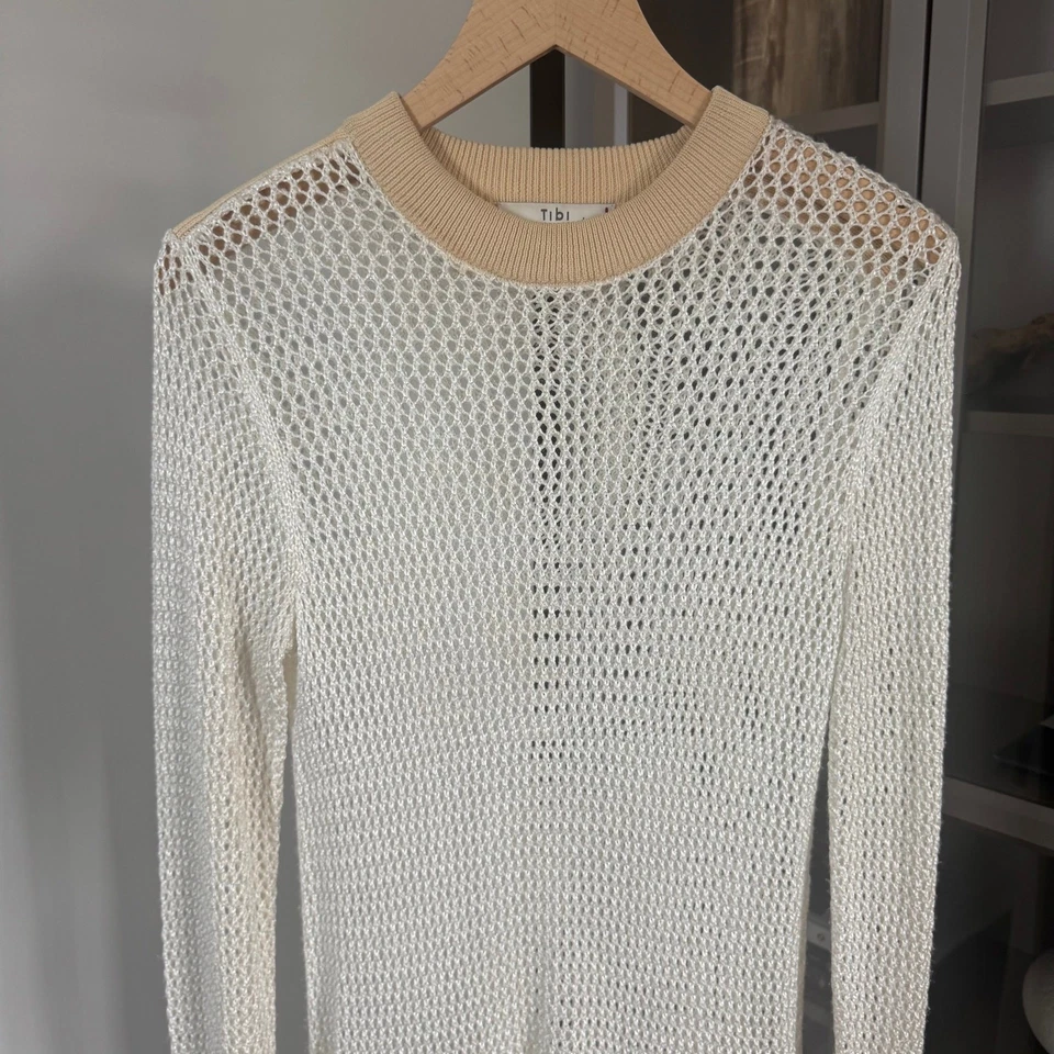 Maxi Vestido Tibi Crochet Tejido Abierto Pequeño Manga Larga Malla Blanco Beige Bolsillos S Foto 3 de 4