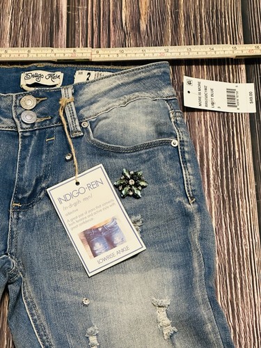 Indigo Rein Womens Jeans Size 3 Ankle Skinny Dark Wash Distressed Blue Low Rise - Picture 3 of 8