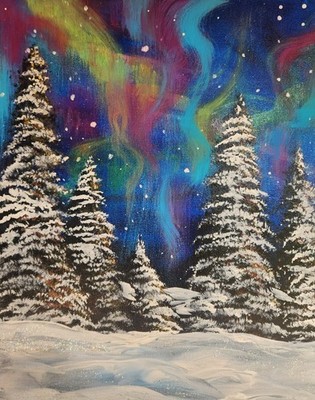 Aurora Borealis Painting 16x20 Northern Lights Winter Landscape Original Art