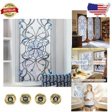 Decorative Window Film Blue Floral Nouveau - 3D Privacy, UV Block, Reusable