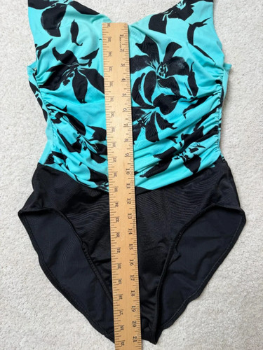 Miraclesuit Womens One Piece Swimsuit Sz 12 Aqua Blue Black Floral V Neck Lycra - Picture 7 of 14
