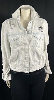 H&M Divided Women s Light Jeans Jacket Bleached Distressed Ripped Pockets Size 6