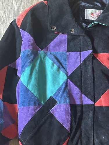 90s Adler Suede Leather Bomber Jacket Patch Quilt Square Triangles Woman M Men S - Bild 3 von 15