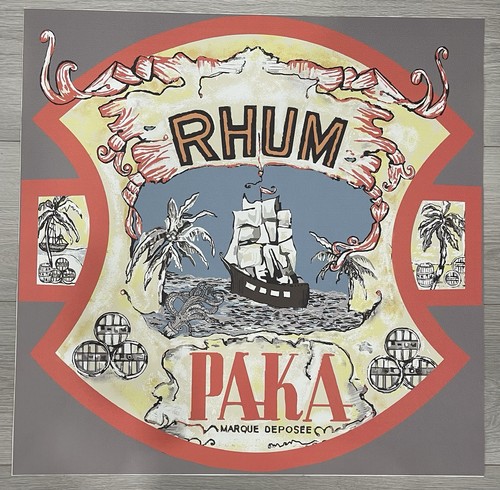 Poster pubblicitario vintage in feltro alcolico e grana di ciottoli ecopelle RHUM PAKA 27”x27” - Foto 5 di 7