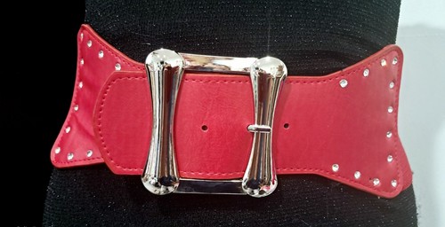 Women Wide Fashion Elastic Red Belt With Metal Buckle & Rhinestones - Picture 2 of 6