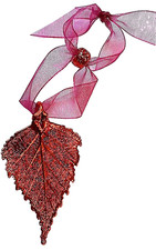 Leaf Ornaments, Copper Dipped Birch, Real Leaves, 2", Asst Adjustable Ribbon Tie