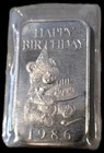 1986 Happy Birthday-Bear w/Cake Art Bar 1 Troy oz.999 Silver by Madison Mint