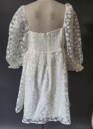 2XL Vada Winter Daisy Babydoll Mini Dress Puff Sleeve Square Neck White Yellow - Picture 7 of 20