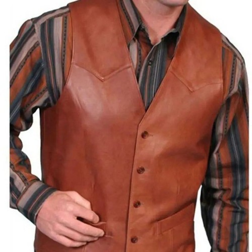 Mens Solid Leather V Neck Pocket Retro Color Vest Western sleeveless men's Vest - Bild 8 von 10