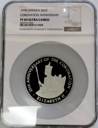 1978 SILVER JAMAICA $25 CORONATION ANNIVERSARY PROOF COIN NGC PF 69 UC