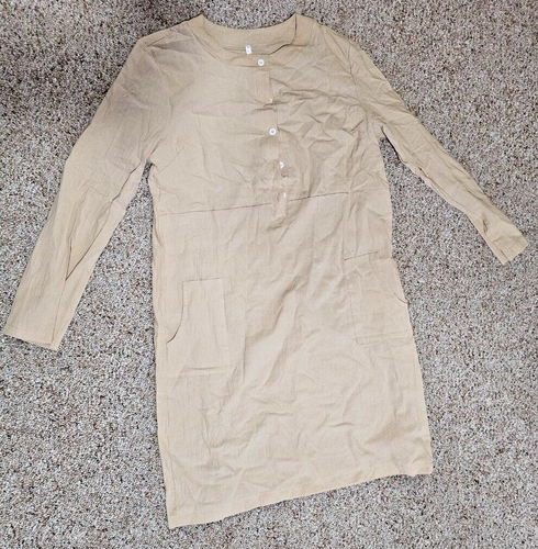 Women's Tan 3/4 Raglan sleeves, Round Neck, front button blouse size US Large