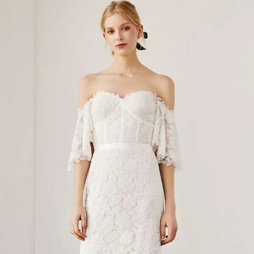 Wedding Gown by Tadashi Shoji Madryn Off-The-Shoulder Lace Dress. A line size 12 - Picture 6 of 7