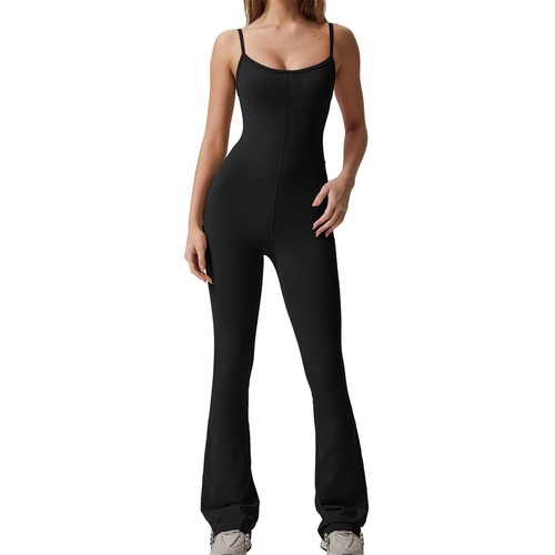 Damen Flare Jumpsuits Spaghettiträger Training sportlich eckiger Ausschnitt Bodys - Bild 21 von 48