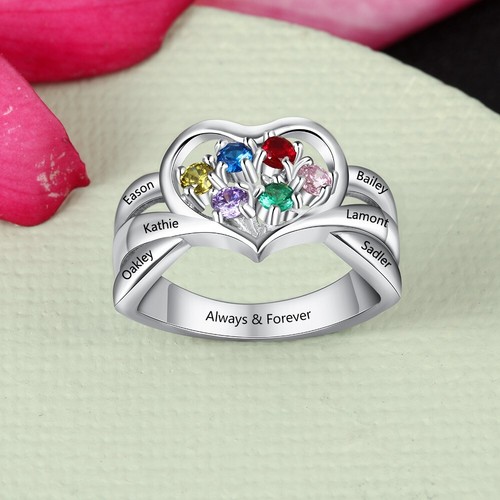 Personalized Mother's Day Family Ring 6 Birthstones 6 Names 925 Sterling Silver - Picture 6 of 6