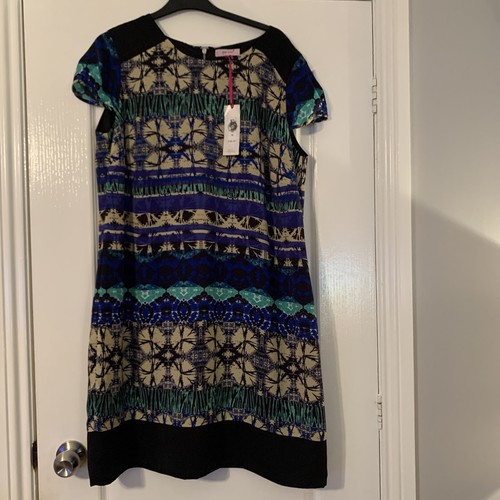 BNWT Per Una Ladies Short Sleeve Tunic Dress UK 18 Black, Cream & Teal RRP £39