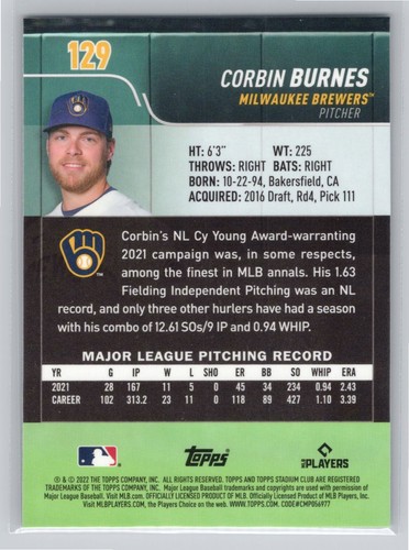 2022 Stadium Club Chrome #129 Corbin Burnes X-Fractor Milwaukee Brewers - Foto 2 di 2