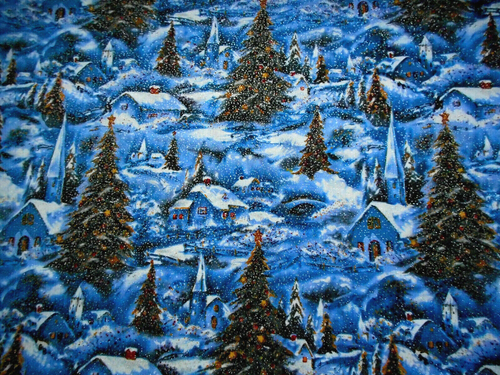 Christmas Fabric 1 7/8 Yard Vtg Winter Village Silver Glitter Blue Cotton #30 C - Picture 2 of 2