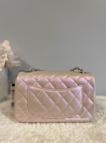 NWT🦄 CHANEL 21K Classic Mini Rectangular Flap Calfskin Iridescent Pink Bag SHW - Picture 2 of 12