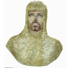 CHAIN MAIL COIF, GOLDEN ZINC PLATED MEDIEVAL ARMOR RIVETED COIF REENACTMENT