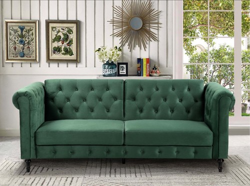 Sofa Bed Velvet Chesterfield 3 Seater Style Green Blue Grey Sofabed Button Back - Picture 7 of 42
