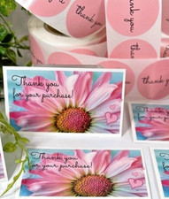 50 Sets Business Cards. Thank You for Your Purchase Daisy Cards, Pink Stickers