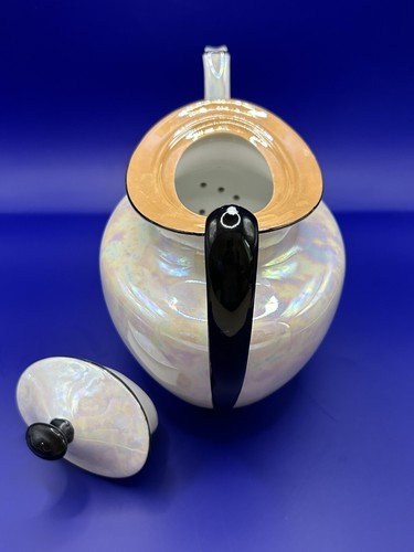 Vtg Cecho Slovakia Phoenix China Cream Lusterware teapot & creamer w/black trim - Picture 15 of 16