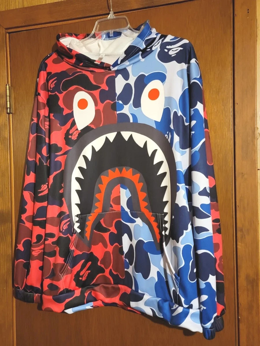 UNISEX SHARK PULLOVER HOODIE w FRONT POUCH POCKET SPLIT BLUE/RED CAMO 3XL  MENS | eBay