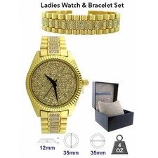NEW ICE MASTER GOLD TONE 2 PC SET,PAVE CRYSTALS GLITZ DIAL WATCH+BRACELET-1276