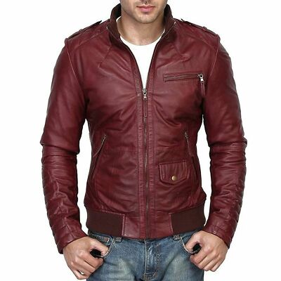 NOORA NEW Bomber Men Lambskin Leather Maroon Jacket Modern Bikers Stylish  Jacket