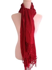 Red Fringe Trim Large Pashmina Wrap Scarf   73" X 26" 