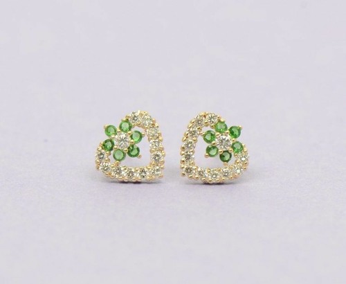 14K Yellow Gold Stud Heart Shape CZ Stud Earrings - Picture 20 of 24