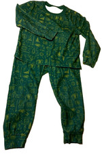LL Bean Kids Pajamas S 4 Green 2 Piece Long Sleeve Camp Trees Tent Hike
