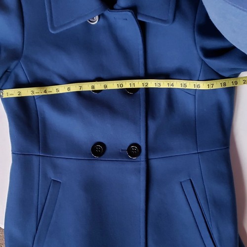 Wool Blend Pea Coat Women M Blue Double Breasted Lapel Jacket Flare Ruffle Back - Picture 12 of 15