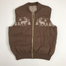 Vintage Reversible Quilted Sweater Vest Mens Size Deer Elk Snowflake Browns