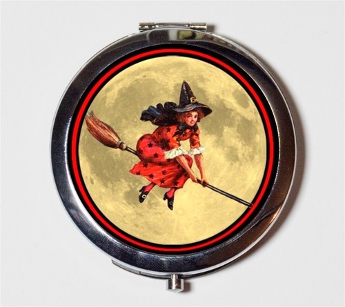 Halloween Red Witch on Broom Compact Mirror Make Up Pocket Mirror Cosmetic - Picture 1 of 2