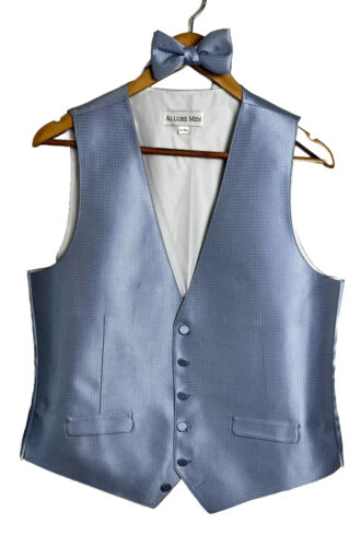 MEN'S M SKY BLUE SATIN FORMAL TUXEDO VEST, TIE, HANKIE SET WEDDING, PROM, DRESS - Picture 7 of 8