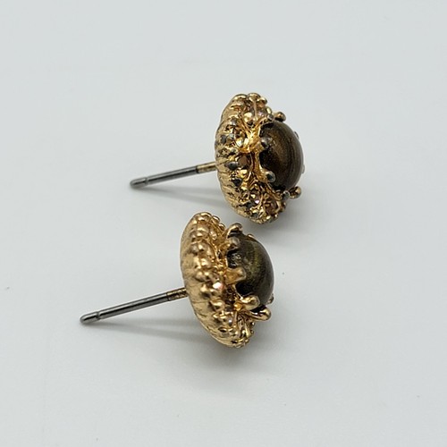 Brown Tigers Eye Cabochon Rhinestone Stud Earrings 0.4" Cute Dainty Classy - Picture 7 of 9