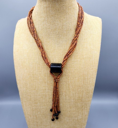 Vintage Unsigned Modernist Wood Bead & Black Stone Lariate Tassle Necklace 16" - Picture 2 of 9