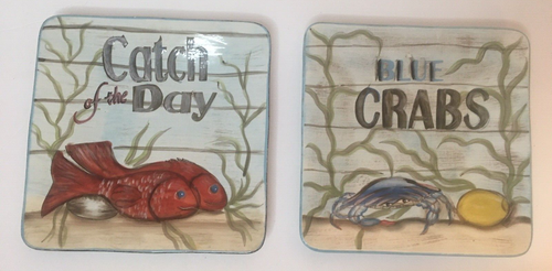 Kate McRostie Two 8 3/4" Certified Intl Square Plates Catch of the Day/BlueCrabs - Picture 2 of 12