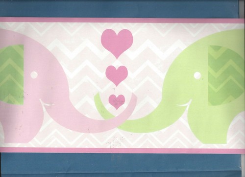 * WALLPAPER BORDER PINK GREEN ELEPHANTS KIDS BABY GIRLS NURSERY HEARTS - Picture 3 of 5