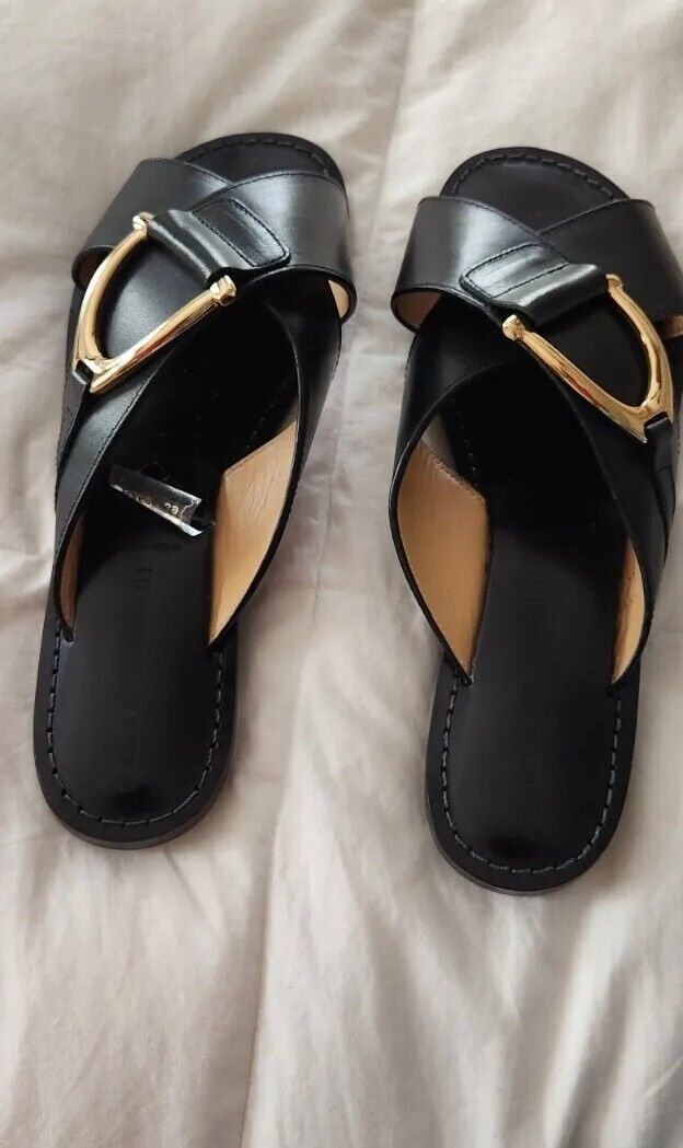Franco Boschi Sandals Black Leather Slides Crossed Bands Gold Tone Buckle Sz 41