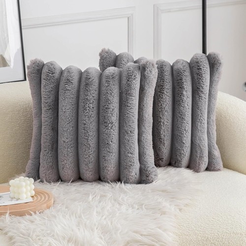 Elegant Striped Decorative Throw Pillow Covers 24x24 in Faux Fur & Velvet - 2pcs - Picture 3 of 8