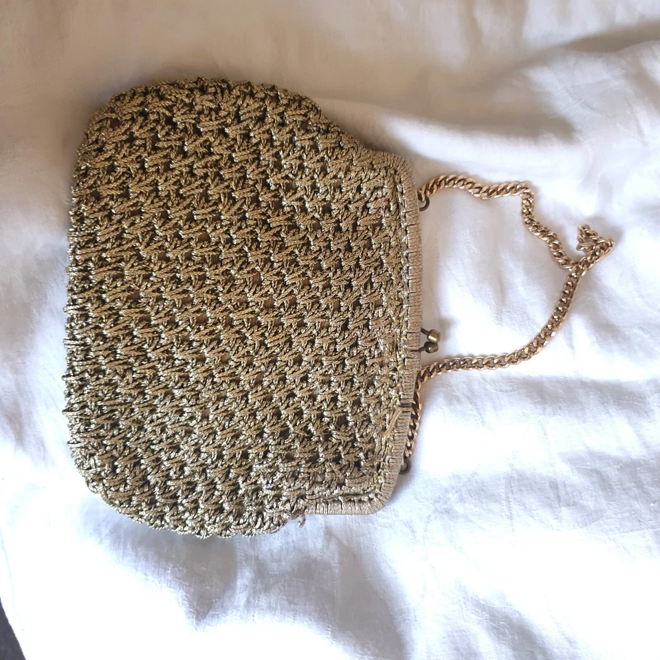 Vtg 60s Old Gold Woven Bag Goldtone Metalware Short Chain Regency Mod - Image 2 of 4
