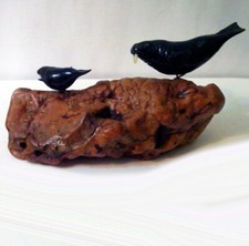 &ldquo;Walrus & Calf&rdquo; Sculpture by John Perry- Ebonite mounted on  Burl Wood Base