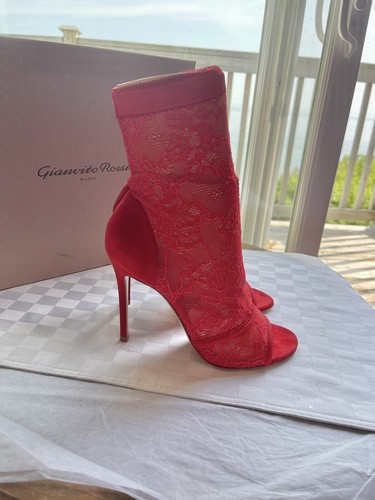 GIANVITO ROSSI Missy Stretch Lace &Suede Tobasco Red Ankle Booties IT39/US8.5-9M - Picture 4 of 23