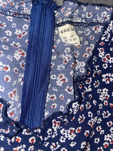 Girls Blue Floral Dress V-Neck Ruffle Shoulder  10/11 - Picture 5 of 8