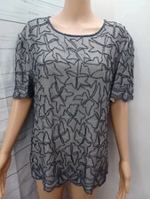 Vintage Cote d' Azur Womens Blouse Top Black Gray Beaded Shirt Evening XL 