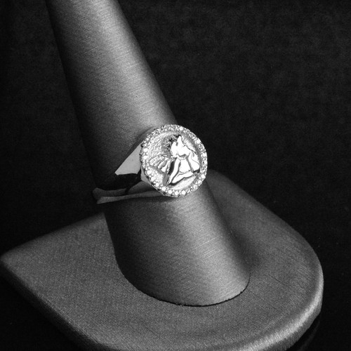 Anello in argento sterling 925 elegante unisex angelo cupido cherubino aureola zirconi sigillo tondo - Foto 3 di 6