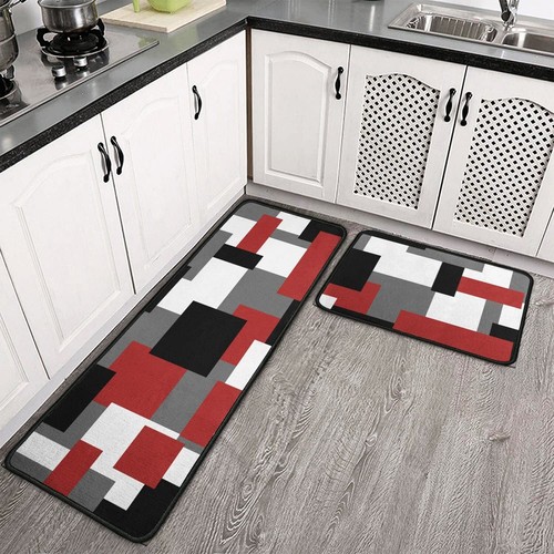 Red Black White Geometric Patterns Kitchen Rugs and Mats Set of 2Modern Decor... - Picture 3 of 7